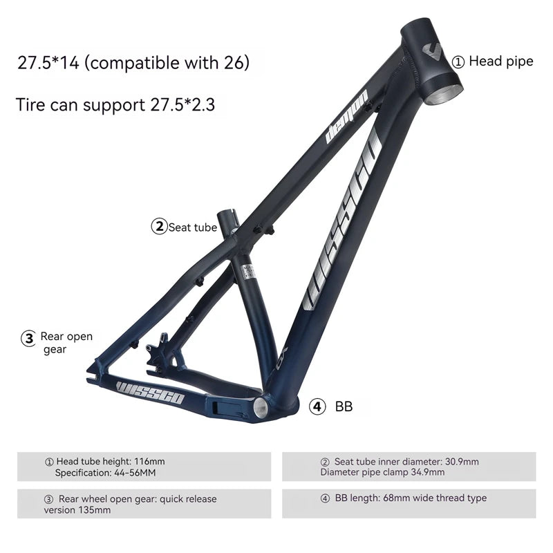 26/27.5  AM/XC/CX Bike Frame (One Size) 35.56cm Seat tube